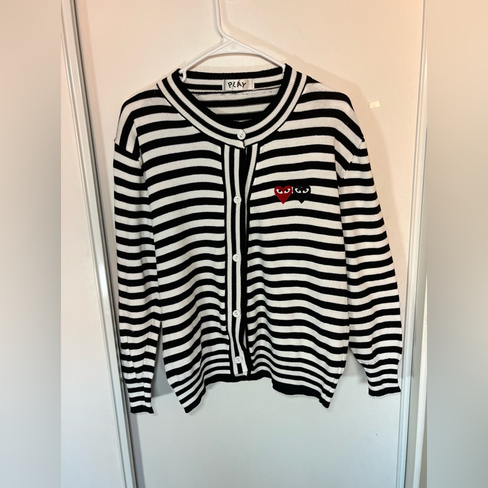 PLAY CARDIGAN SWEATER BLACK WHITE STRIPE 2 HEARTS BUTTON UP